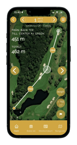 Vasatorps app visar avstånd till green på Classic Course